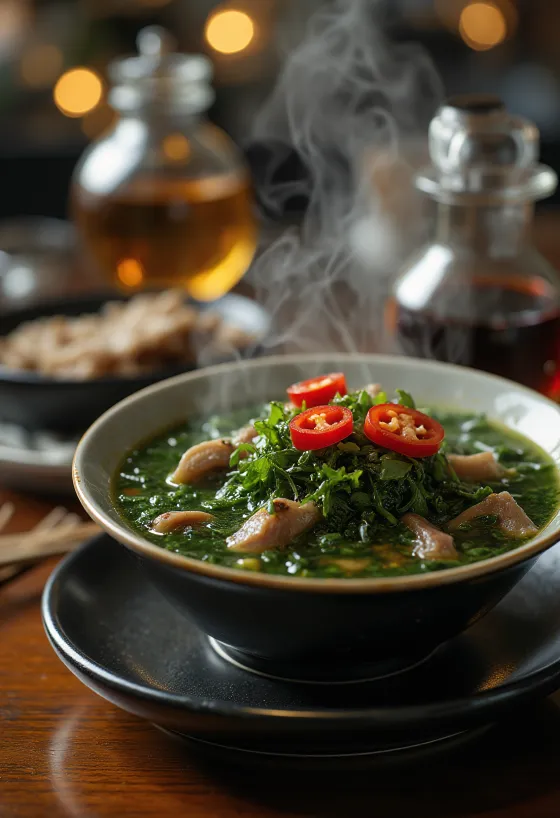 Chilli miyeokguk, podávaná s čerstvým koriandrem