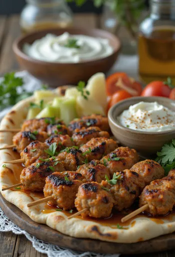 Kafta podávaná s čerstvým pita chlebem a salátem