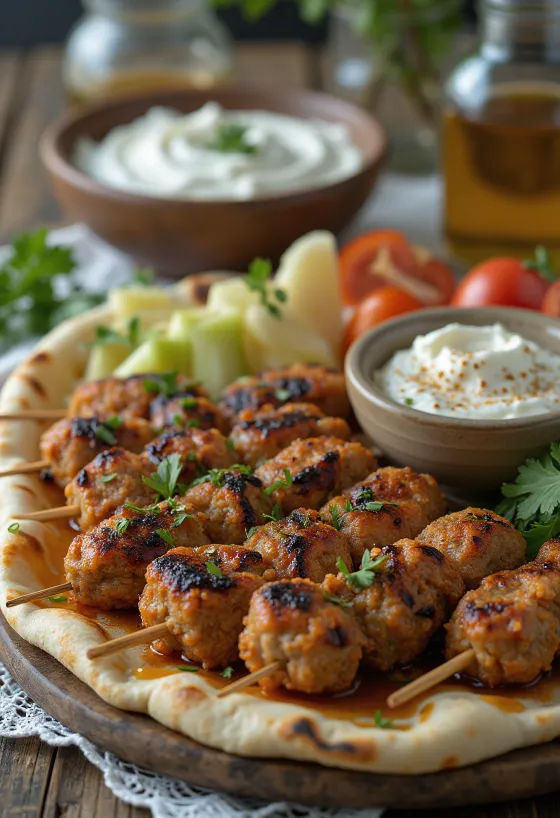 Kafta podávaná s čerstvým pita chlebem a salátem