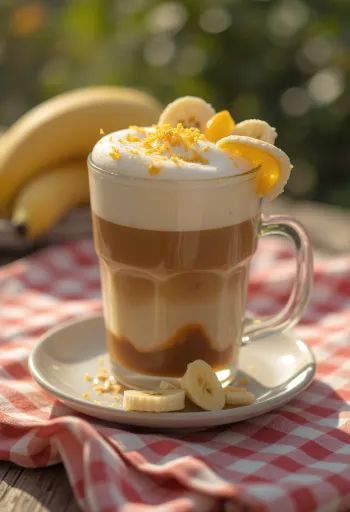 Pomerančovo-banánové latte, krémový kávový nápoj zdobený pomerančovou kůrou