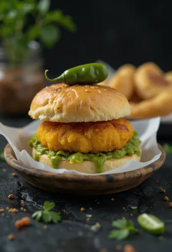 Vada Pav plněná masem servírovaná na talíři