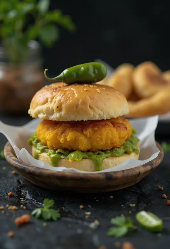 Vada Pav plněná masem servírovaná na talíři