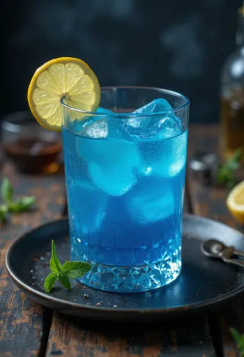 Koktejl Blue Lagoon zdobený plátkem citronu a koktejlovou třešní