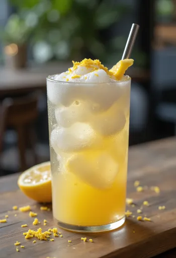 Citronovo-zázvorové frappé, osvěžující nápoj zdobený plátkem citronu