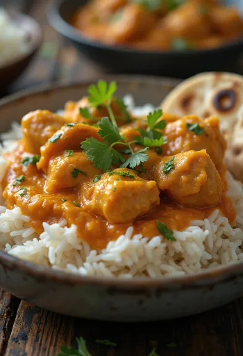 Kuřecí tikka masala podávaná s rýží basmati