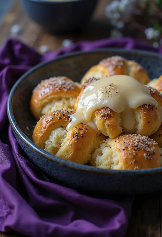 Mákos guba posypaná moučkovým cukrem, podávaná s vanilkovým krémem