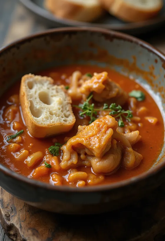 Dršťkový guláš se šťavnatou, kořeněnou omáčkou, podávaný s čerstvým chlebem