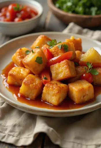 Křupavé smažené tofu se sladkokyselou omáčkou servírované