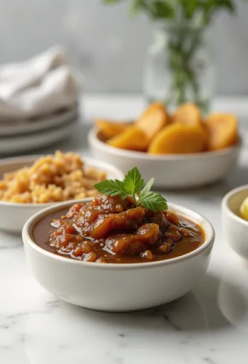 Tamarindové chutney ve sklenici, kořeněná omáčka sytě hnědé barvy