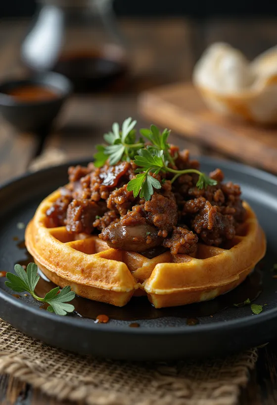 Vafle s hovězím Wagyu při podávání