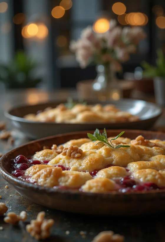 Cobbler s ořechy, podávaný s křupavým těstem a bobulovitým ovocem