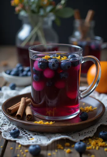 Skořicovo-borůvkový cider, hřejivý nápoj zdobený celou skořicí a borůvkami