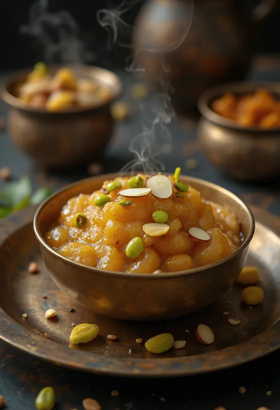 Moong dal halwa s bohatými kořeněnými chutěmi, praženými ořechy a růžovou vodou.