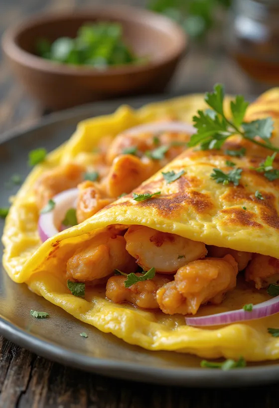 Omeleta s kuřetem Tandoori, zdobená čerstvým koriandrem