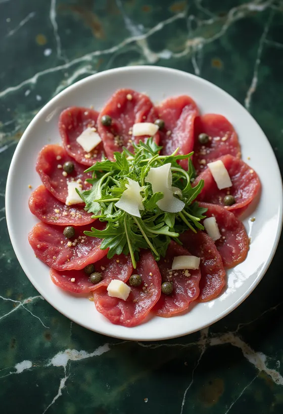Jelení carpaccio zdobené rukolou a parmezánem