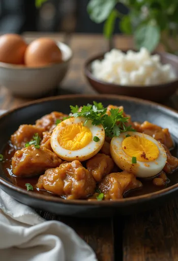 Adobo s vejcem podávané, kuře a vejce spojené jako lahodné jídlo.