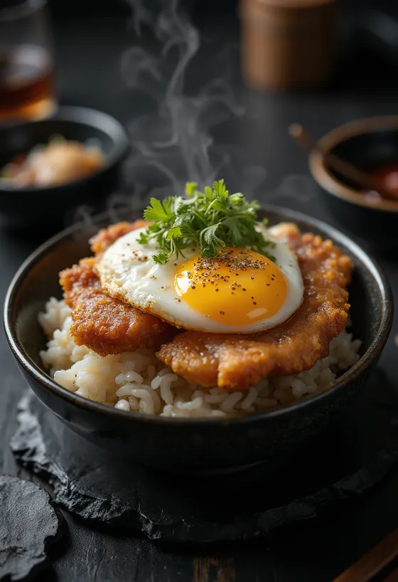 Katsu Don servírované s křupavým vepřovým masem a jarní cibulkou