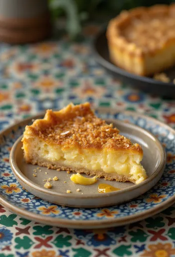 Treacle tart s kokosem, čerstvě upečený, dozlatova