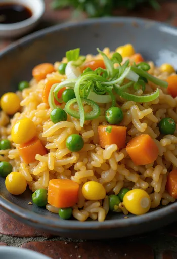 Veganská smažená rýže se zeleninou, čerstvě servírovaná ve woku.