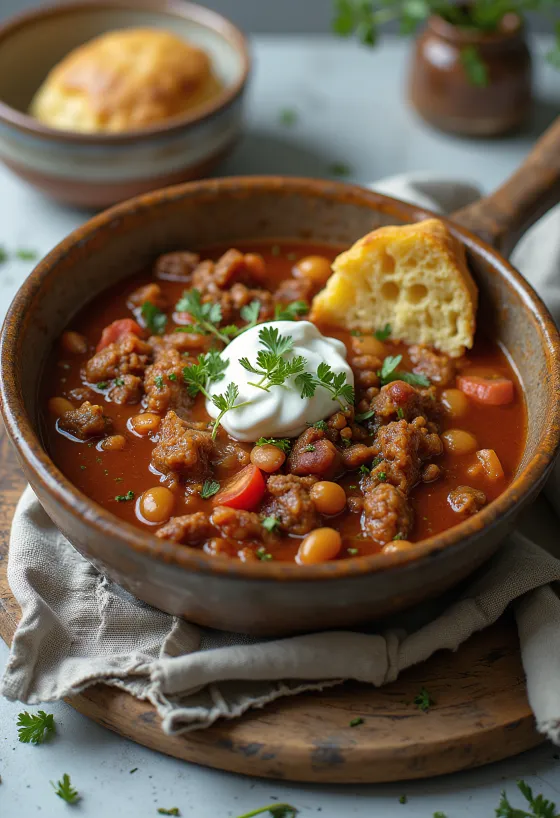 Jelení chili servírovaná v rustikální misce