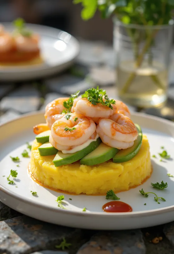 Causa de camarones s čerstvými krevetami, limetkou a koriandrem