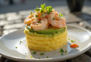 Causa de camarones s čerstvými krevetami, limetkou a koriandrem