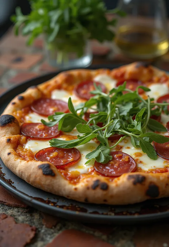 Pizza Diavola s rukolou a kořeněným salámem