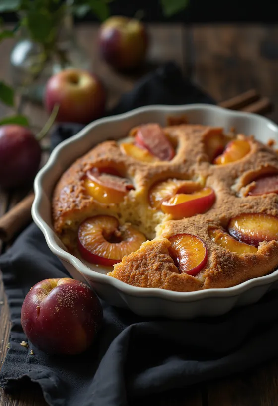 Skořicový švestkový dort podávaný s moučkovým cukrem a skořicí