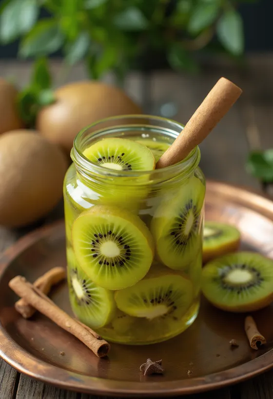 Pikantní nakládané kiwi servírované ve sklenici