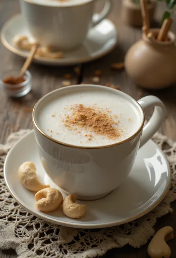 Kasu jiru s mlékem, podávané s kešu oříšky a skořicí