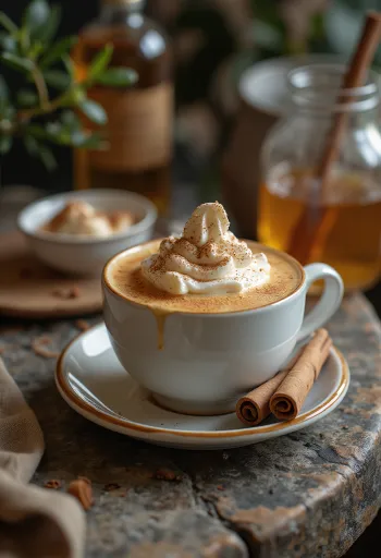 Medovo-skořicové latte, zdobené šlehačkou a celou skořicí