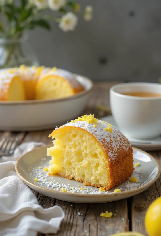 Citronový koláč s čerstvou citronovou kůrou a posypaný moučkovým cukrem