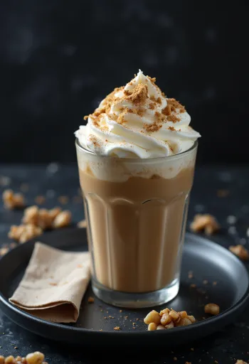 Skořicovo-ořechové frappuccino zdobené šlehačkou a mletými ořechy