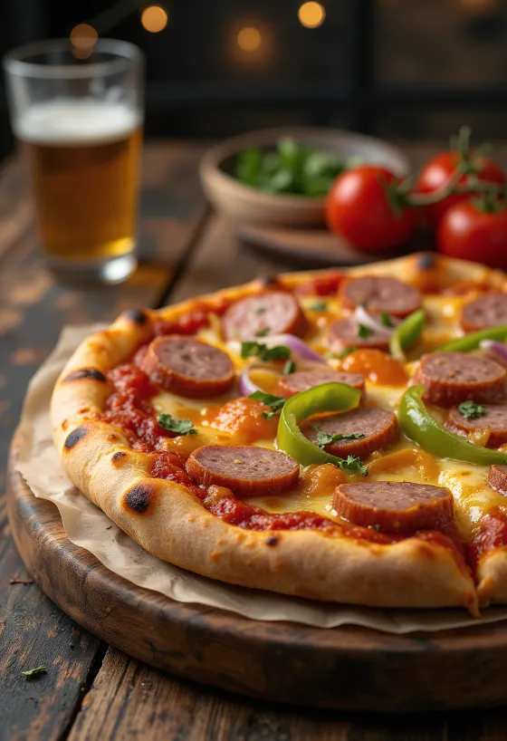 Pizza s polskou klobásou kielbasa a čerstvou zeleninou