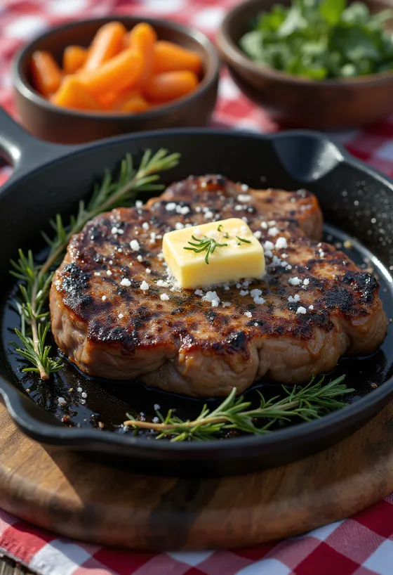 Jak steak podávaný s pečenou zeleninou a čerstvým rozmarýnem