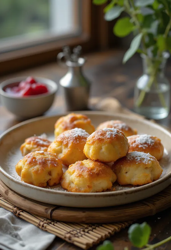 Æbleskiver servírované s jahodovou marmeládou