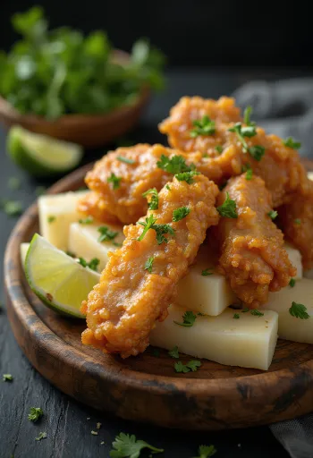 Chicharrón con yuca s křupavým vepřovým masem a dozlatova smaženou jukou