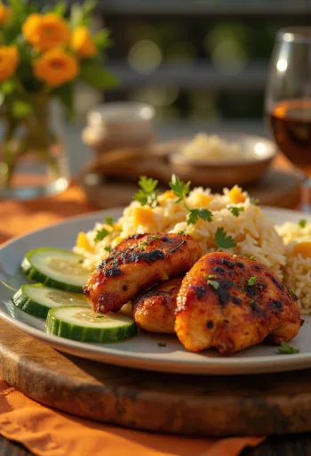 Mísa s kuřetem Tandoori, rýží basmati, okurkou a koriandrem