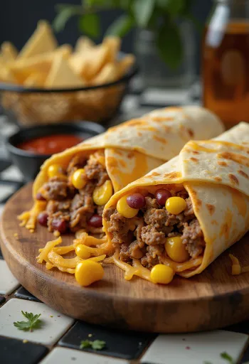 Hovězí burrito plněné rýží, černými fazolemi, kukuřicí a sýrem čedar