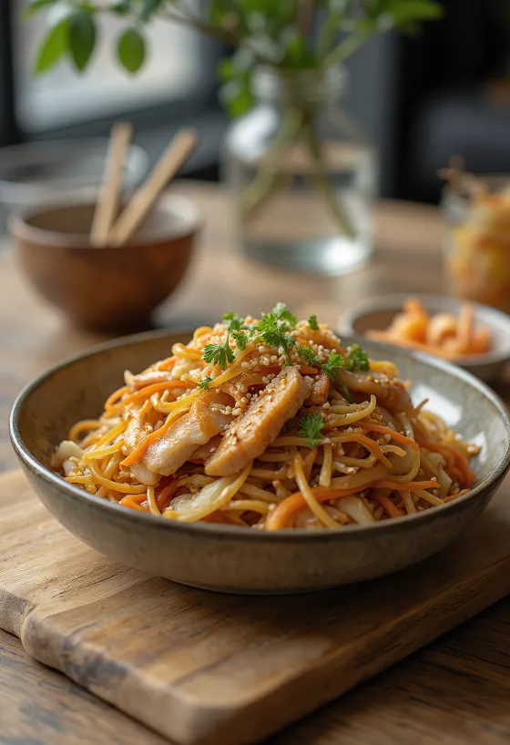 Yakisoba s kuřecím masem, japonské nudle z woku s křupavou zeleninou