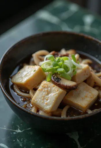 Jídlo s Yubou a houbami shiitake, podávané se sójovou omáčkou a čerstvou zelenou cibulkou.