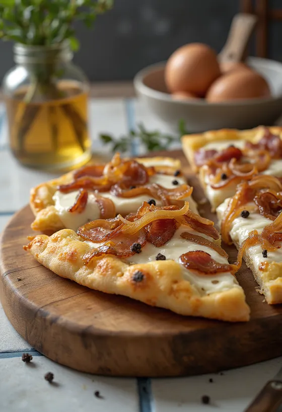 Flammkuchen se zakysanou smetanou, cibulí a slaninou