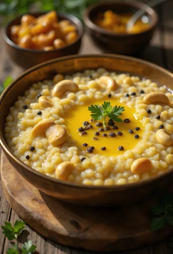 Thinai pongal, z béru italského, podávaný s čerstvou zeleninou