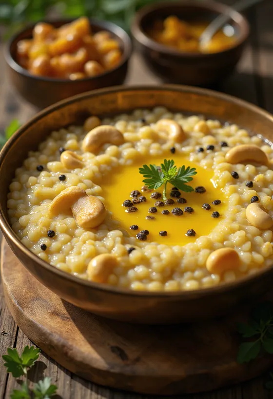 Thinai pongal, z béru italského, podávaný s čerstvou zeleninou