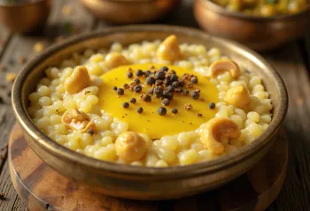 Thinai pongal, z béru italského, podávaný s čerstvou zeleninou