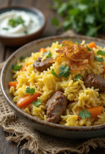 Zeleninové biryani s jehněčím masem, bohatá kořeněná rýže a křehké jehněčí