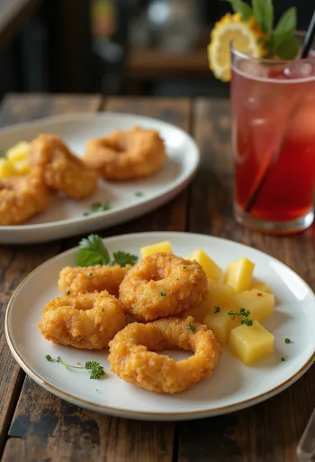 Acarajé s ananasem, servírované s kořeněnými fazolovými kuličkami a čerstvým ananasem