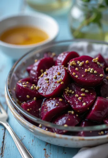 řepný salát podávaný s čerstvou zeleninou a zálivkou z balzamikového octa