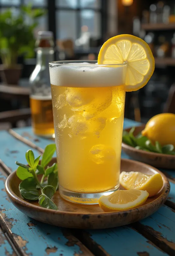 Citronové pivo podávané s plátkem citronu a ledem