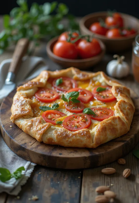Crostata ve slané verzi s rajčaty a mozzarellou, zdobená čerstvou bazalkou